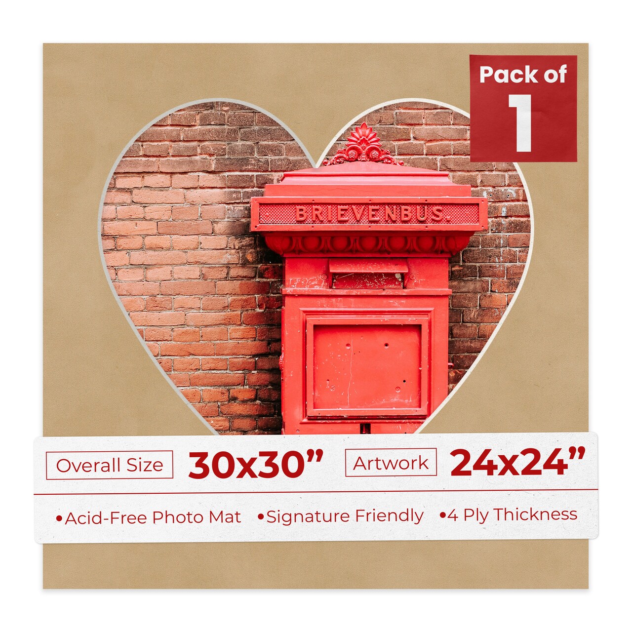 Beige Suede Mat Board for 30x30 Frames - Heart Opening for 24x24 Photos